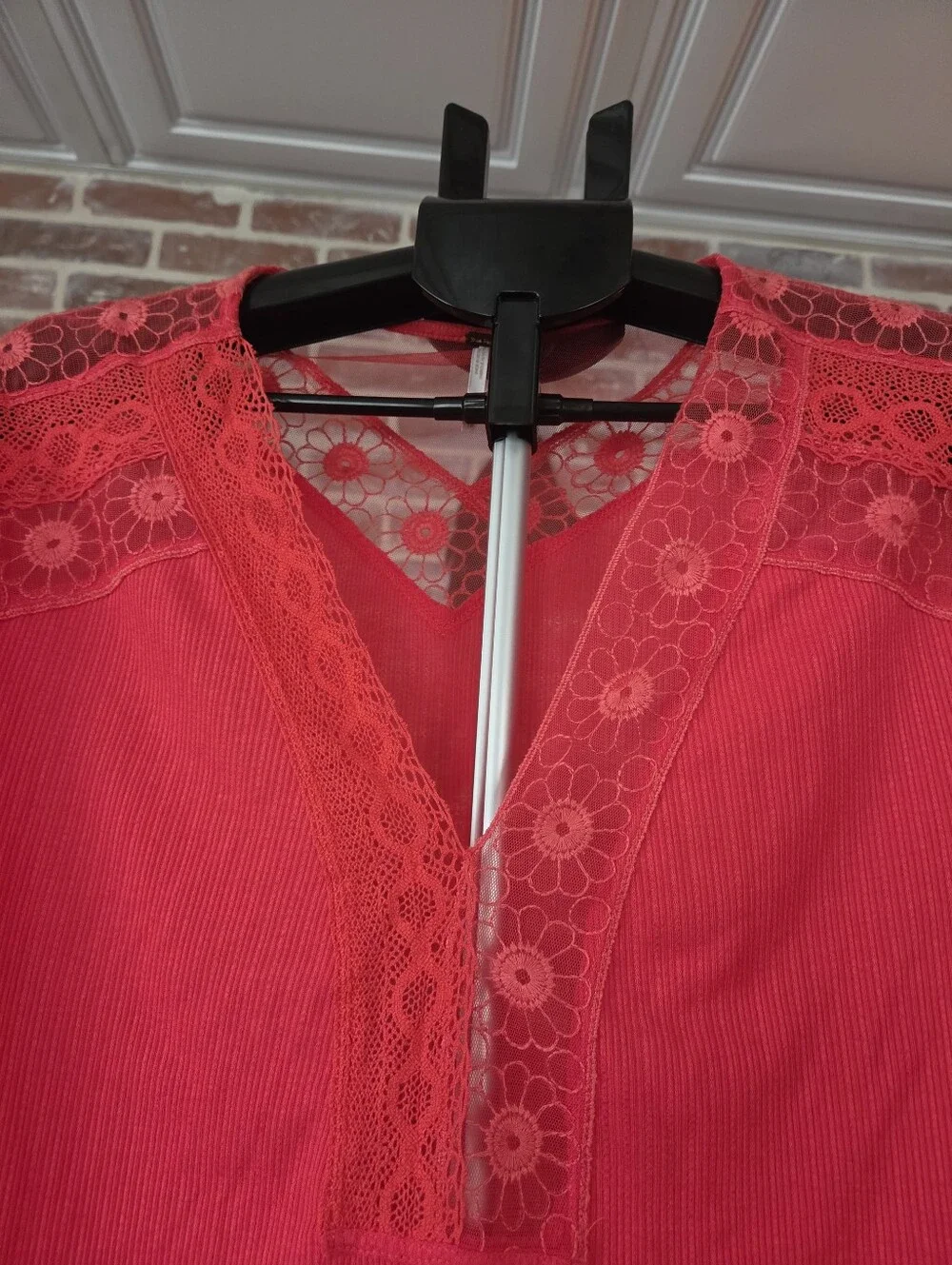 Free People Coral Pink Lace-Yoke Long Sleeve Blouse